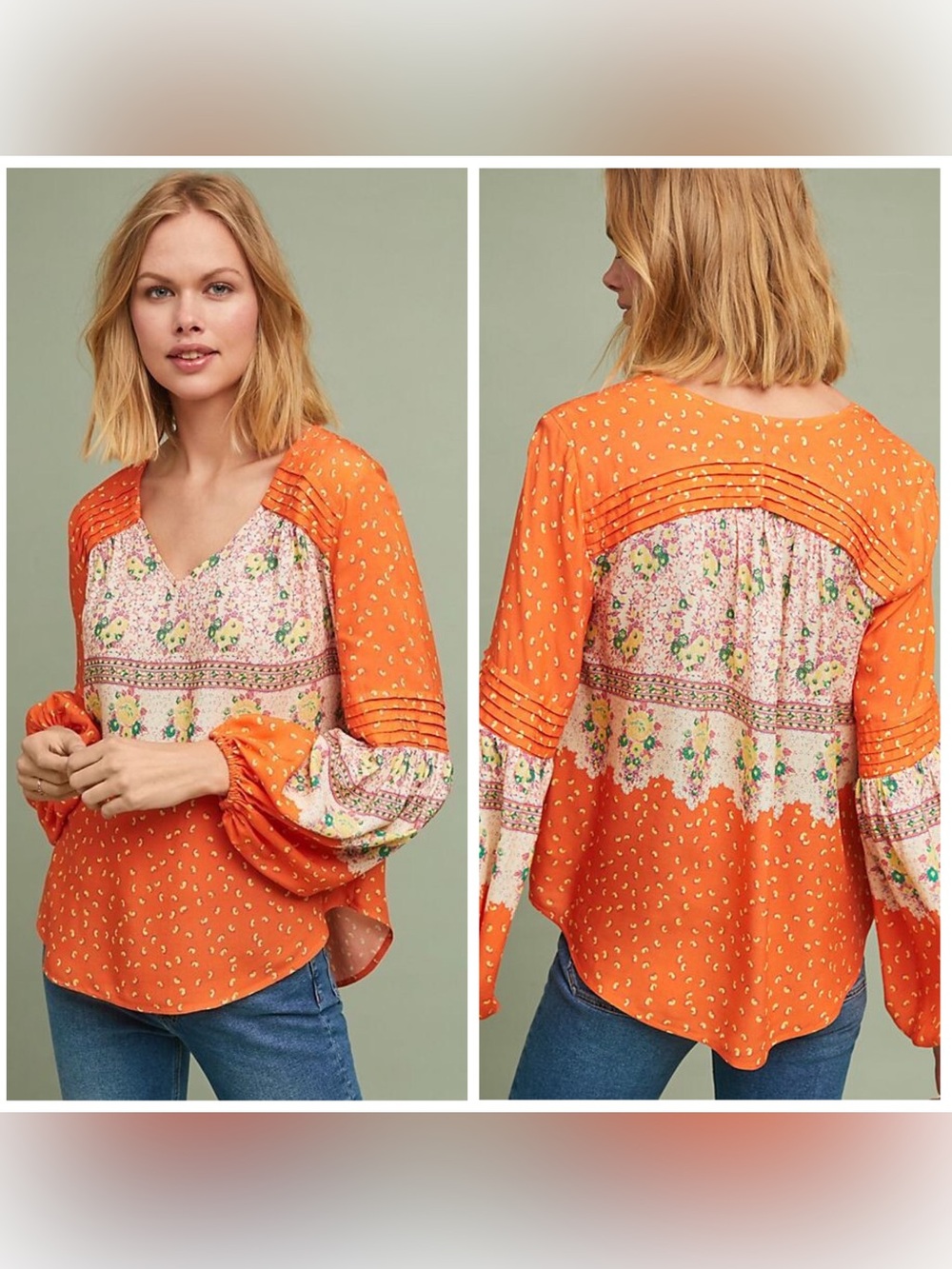 Maeve Anthropologie Ceresco Peasant Blouse Orange Floral XS